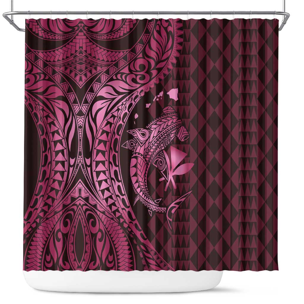 Aloha Hawaii Hammerhead Shark Shower Curtain Pink Kakau and Polynesian Tattoo LT03