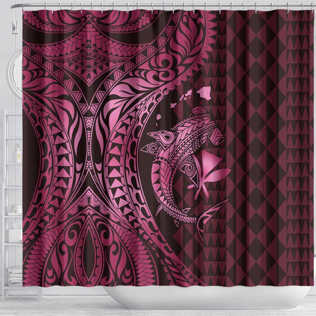 Aloha Hawaii Hammerhead Shark Shower Curtain Pink Kakau and Polynesian Tattoo LT03