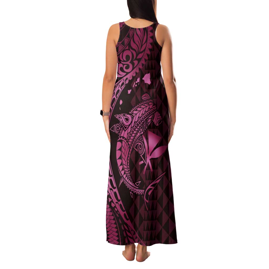 Aloha Hawaii Hammerhead Shark Tank Maxi Dress Pink Kakau and Polynesian Tattoo LT03