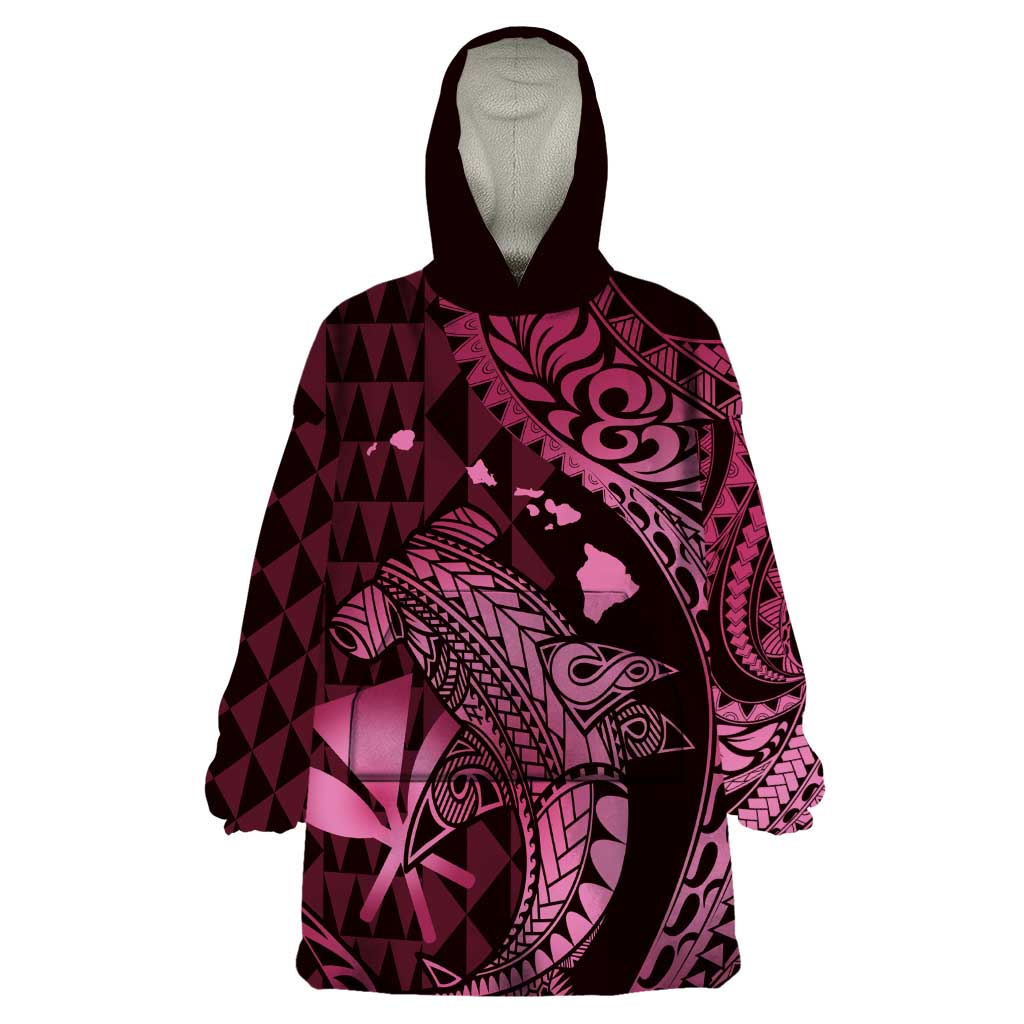 Aloha Hawaii Hammerhead Shark Wearable Blanket Hoodie Pink Kakau and Polynesian Tattoo LT03