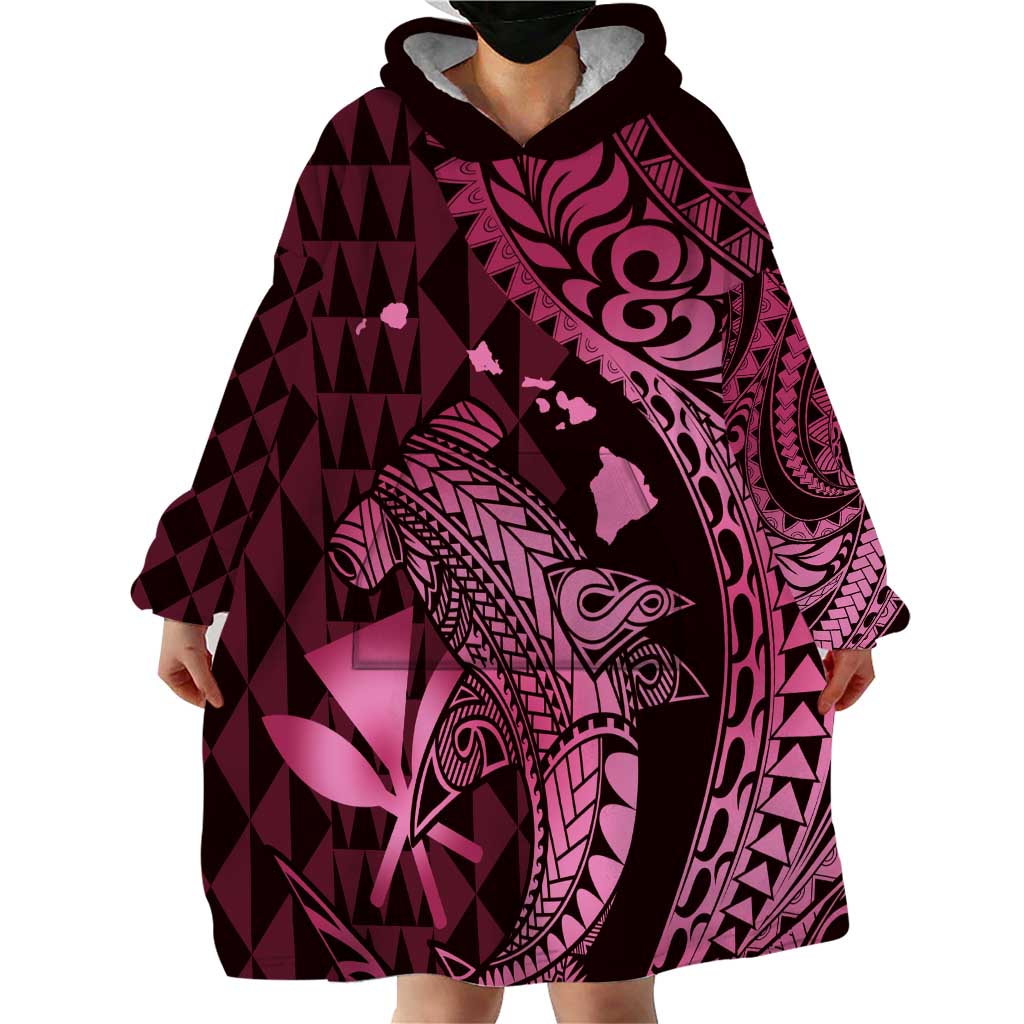 Aloha Hawaii Hammerhead Shark Wearable Blanket Hoodie Pink Kakau and Polynesian Tattoo LT03