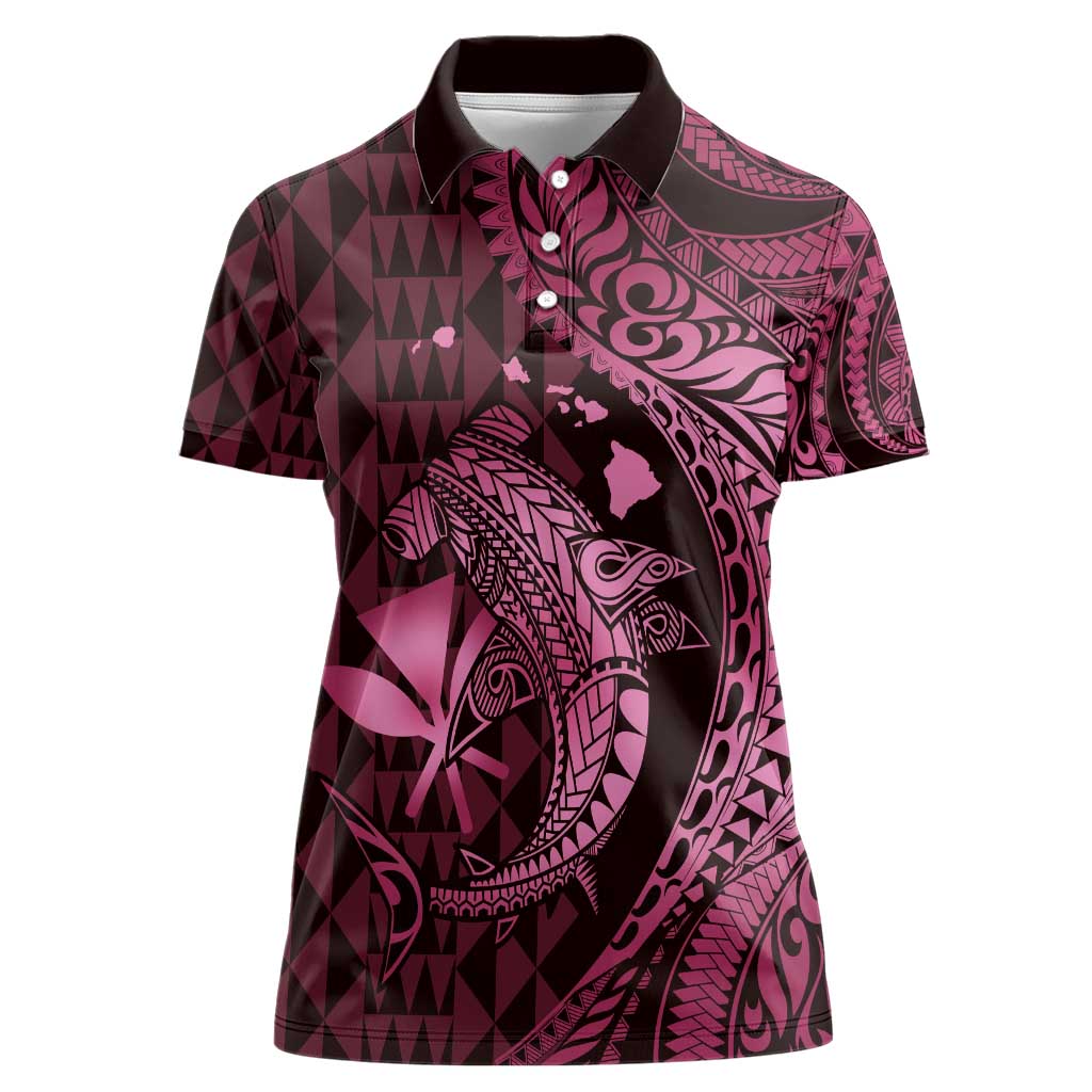 Aloha Hawaii Hammerhead Shark Women Polo Shirt Pink Kakau and Polynesian Tattoo LT03