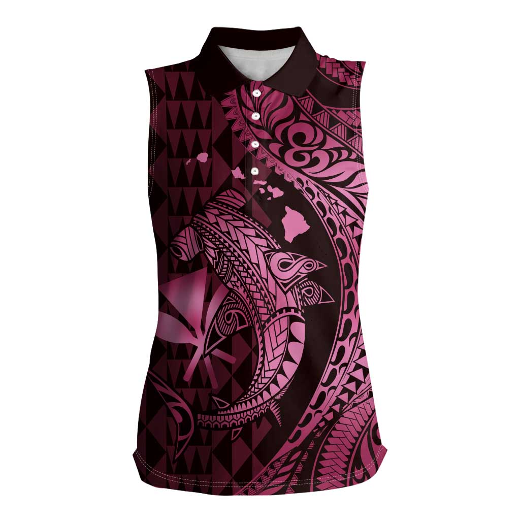 Aloha Hawaii Hammerhead Shark Women Sleeveless Polo Shirt Pink Kakau and Polynesian Tattoo LT03