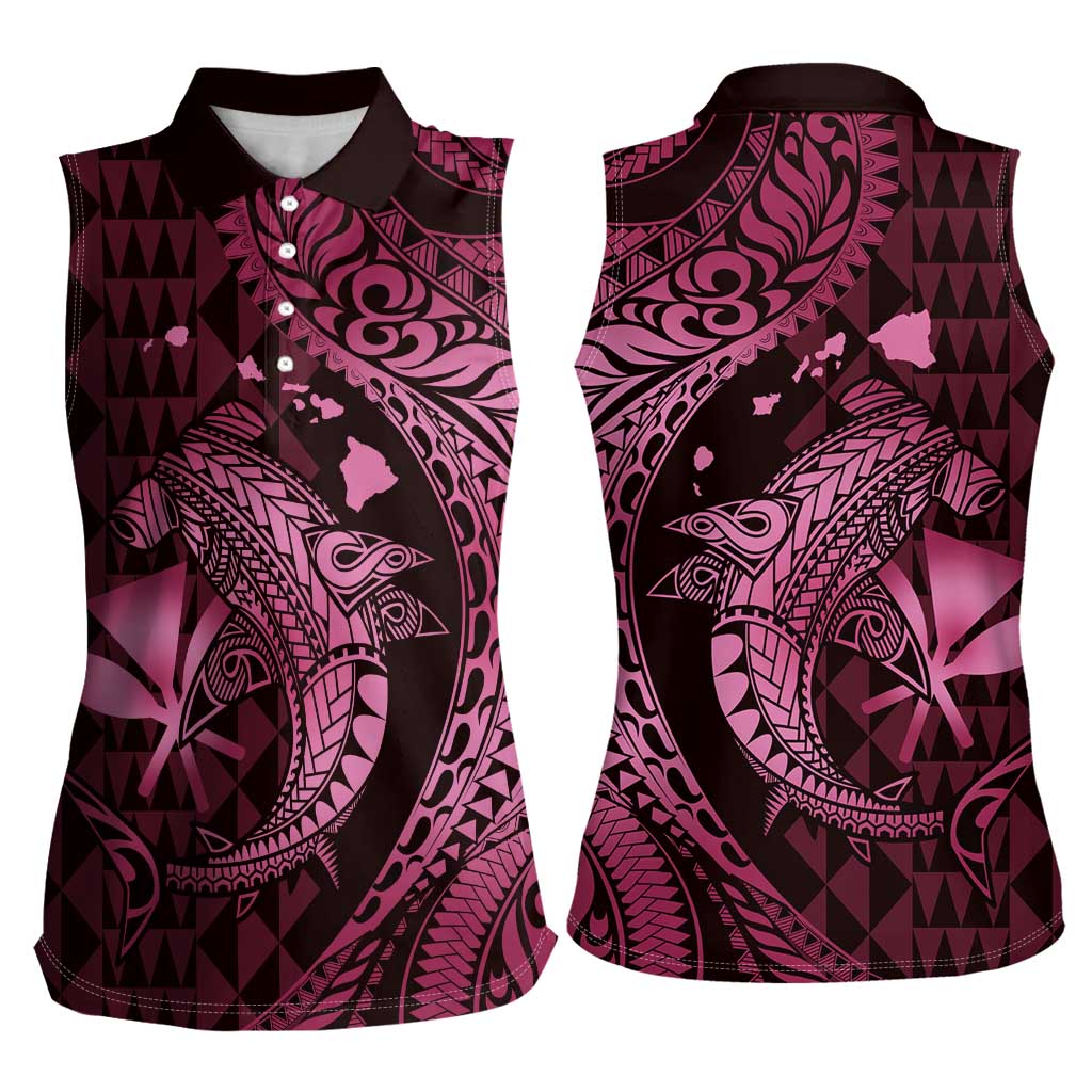 Aloha Hawaii Hammerhead Shark Women Sleeveless Polo Shirt Pink Kakau and Polynesian Tattoo LT03