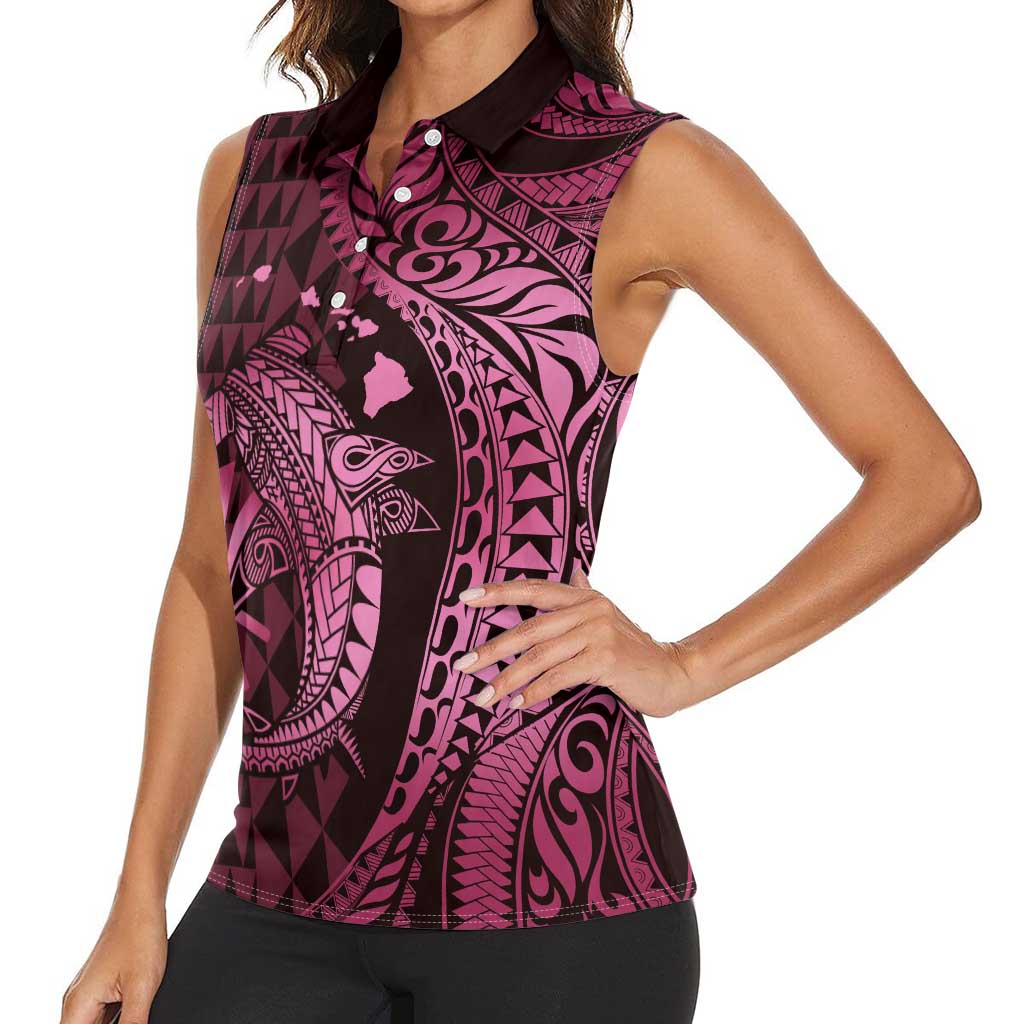 Aloha Hawaii Hammerhead Shark Women Sleeveless Polo Shirt Pink Kakau and Polynesian Tattoo LT03