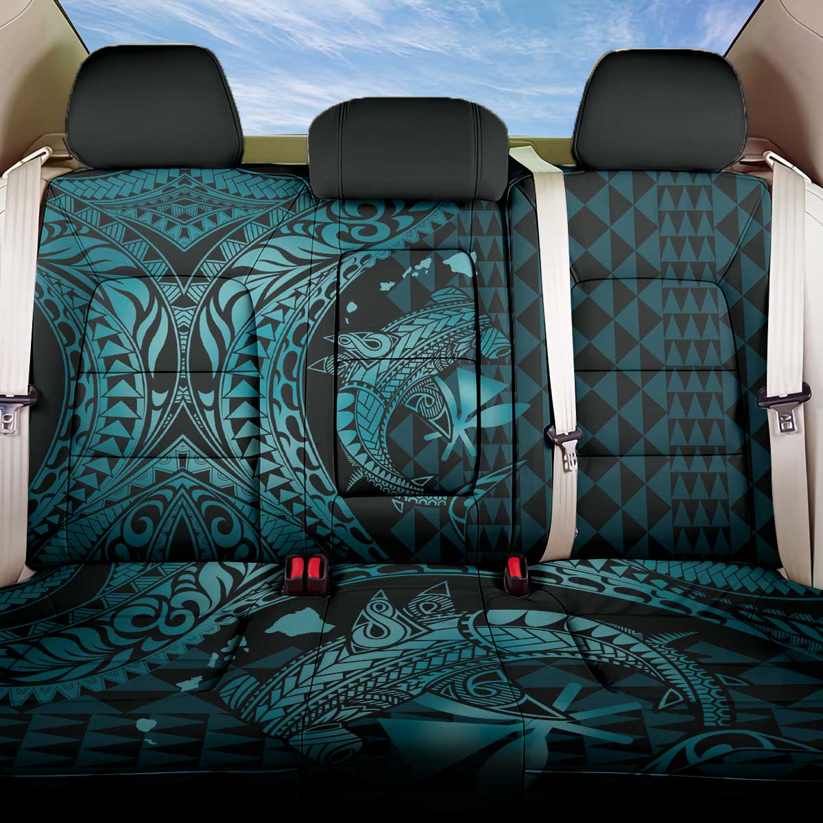 Aloha Hawaii Hammerhead Shark Back Car Seat Cover Turquoise Kakau and Polynesian Tattoo LT03