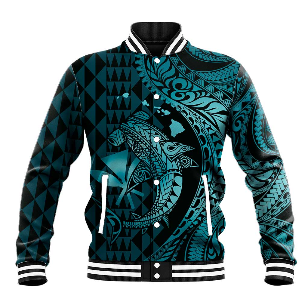 Aloha Hawaii Hammerhead Shark Baseball Jacket Turquoise Kakau and Polynesian Tattoo LT03 Unisex Turquoise - Polynesian Pride