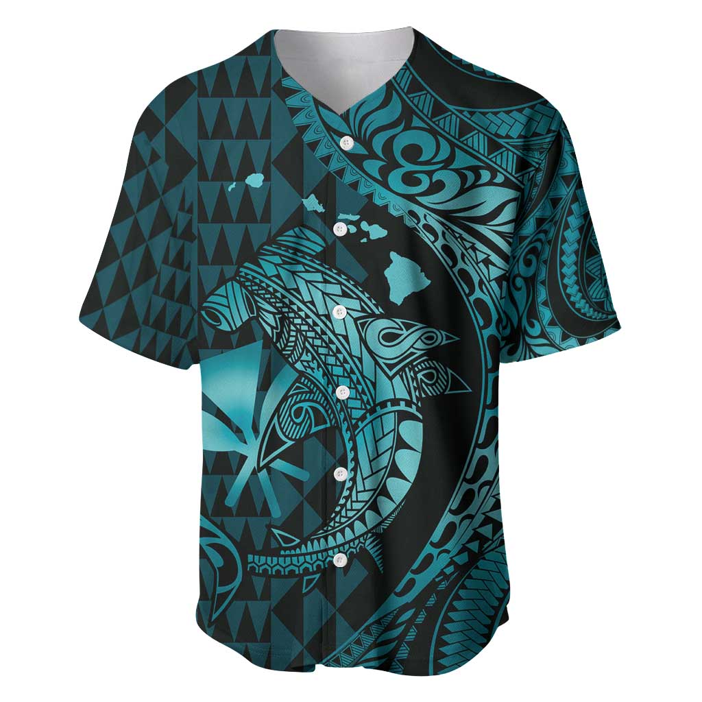 Aloha Hawaii Hammerhead Shark Baseball Jersey Turquoise Kakau and Polynesian Tattoo LT03