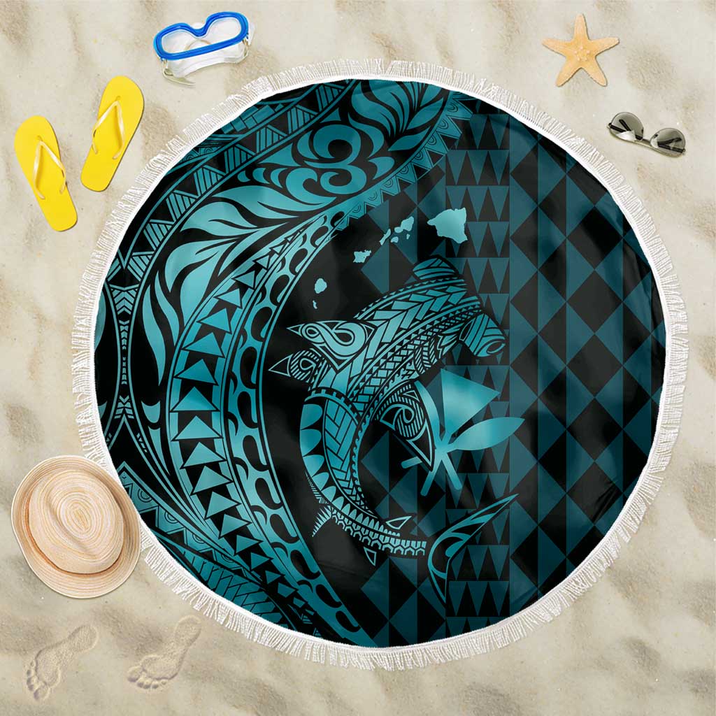 Aloha Hawaii Hammerhead Shark Beach Blanket Turquoise Kakau and Polynesian Tattoo LT03 One Size 150cm Turquoise - Polynesian Pride