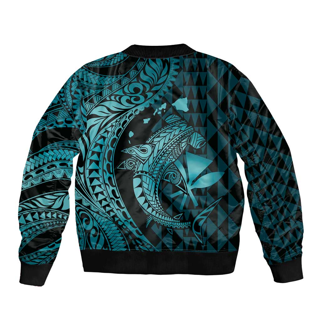 Aloha Hawaii Hammerhead Shark Bomber Jacket Turquoise Kakau and Polynesian Tattoo LT03