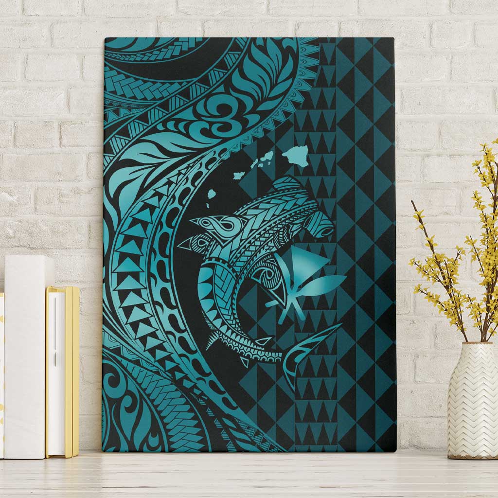 Aloha Hawaii Hammerhead Shark Canvas Wall Art Turquoise Kakau and Polynesian Tattoo LT03