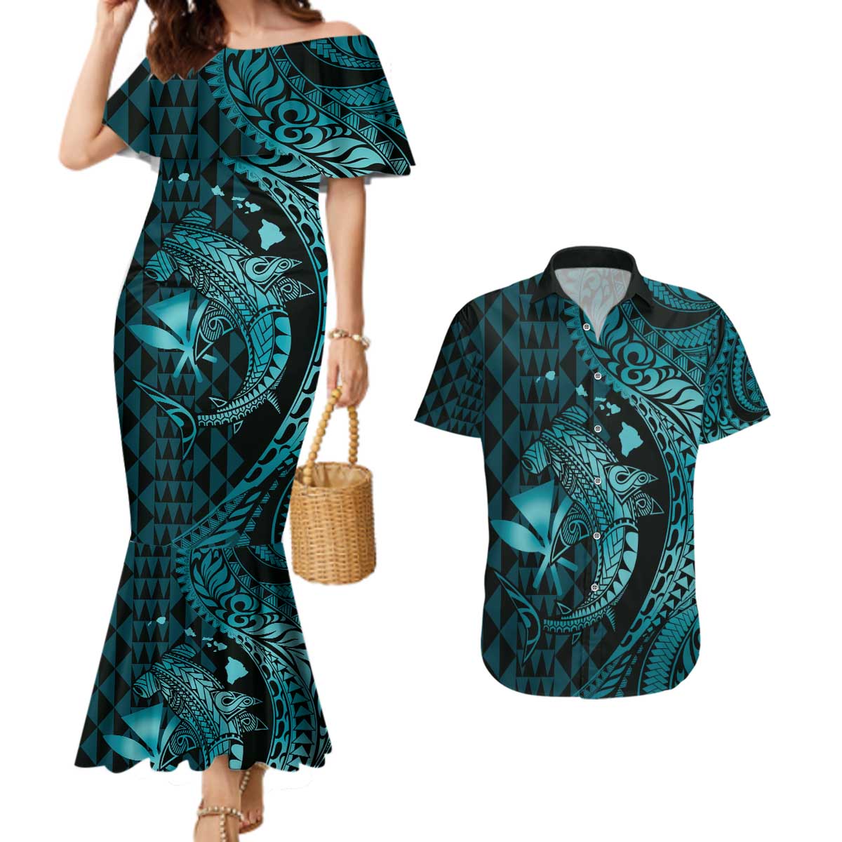 Aloha Hawaii Hammerhead Shark Couples Matching Mermaid Dress and Hawaiian Shirt Turquoise Kakau and Polynesian Tattoo LT03