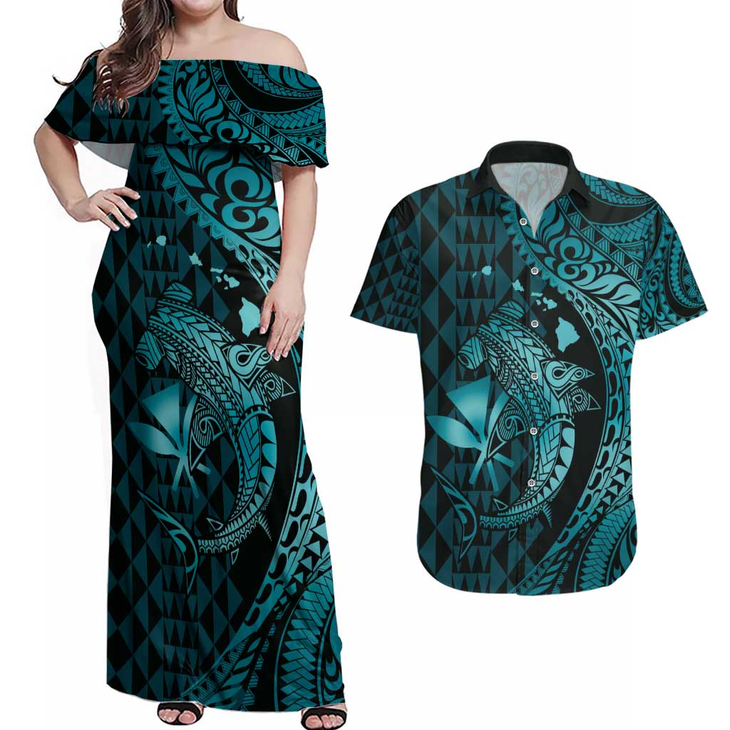 Aloha Hawaii Hammerhead Shark Couples Matching Off Shoulder Maxi Dress and Hawaiian Shirt Turquoise Kakau and Polynesian Tattoo LT03