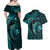 Aloha Hawaii Hammerhead Shark Couples Matching Off Shoulder Maxi Dress and Hawaiian Shirt Turquoise Kakau and Polynesian Tattoo LT03