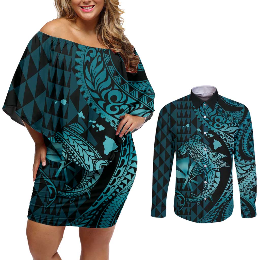 Aloha Hawaii Hammerhead Shark Couples Matching Off Shoulder Short Dress and Long Sleeve Button Shirt Turquoise Kakau and Polynesian Tattoo LT03 Turquoise - Polynesian Pride