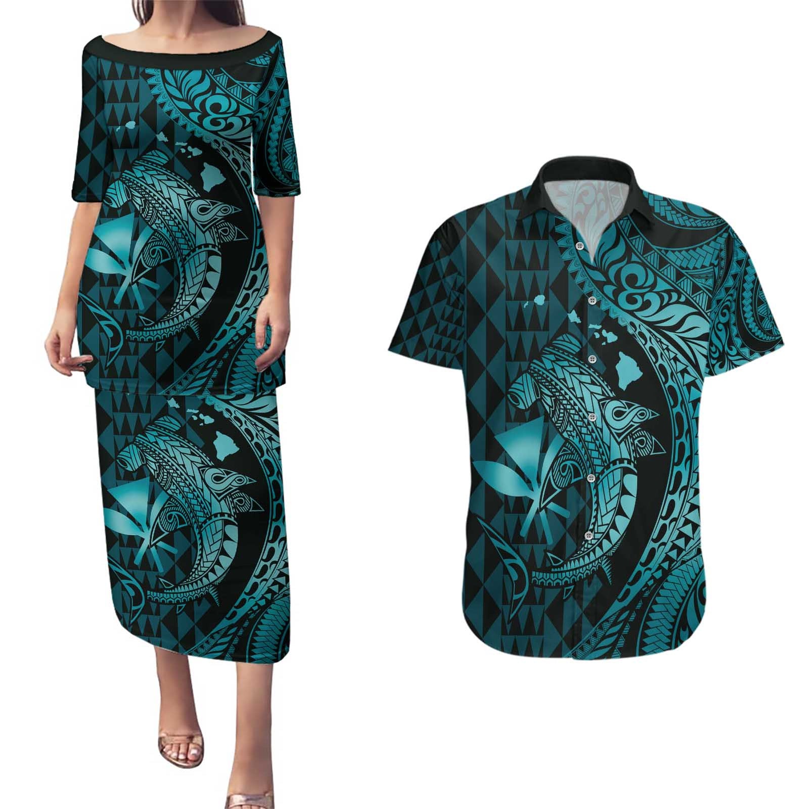 Aloha Hawaii Hammerhead Shark Couples Matching Puletasi and Hawaiian Shirt Turquoise Kakau and Polynesian Tattoo LT03 Turquoise - Polynesian Pride