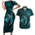 Aloha Hawaii Hammerhead Shark Couples Matching Short Sleeve Bodycon Dress and Hawaiian Shirt Turquoise Kakau and Polynesian Tattoo LT03