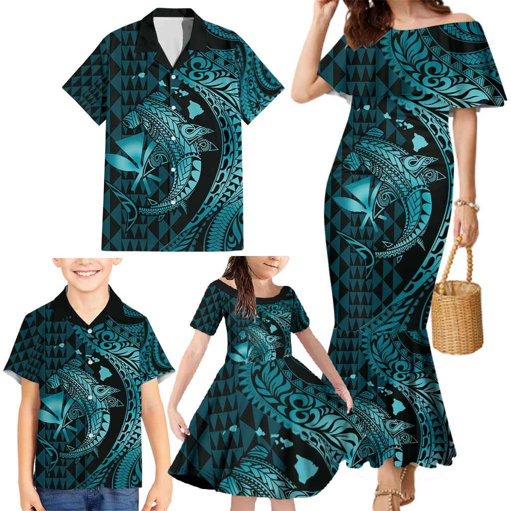 Aloha Hawaii Hammerhead Shark Family Matching Mermaid Dress and Hawaiian Shirt Turquoise Kakau and Polynesian Tattoo LT03