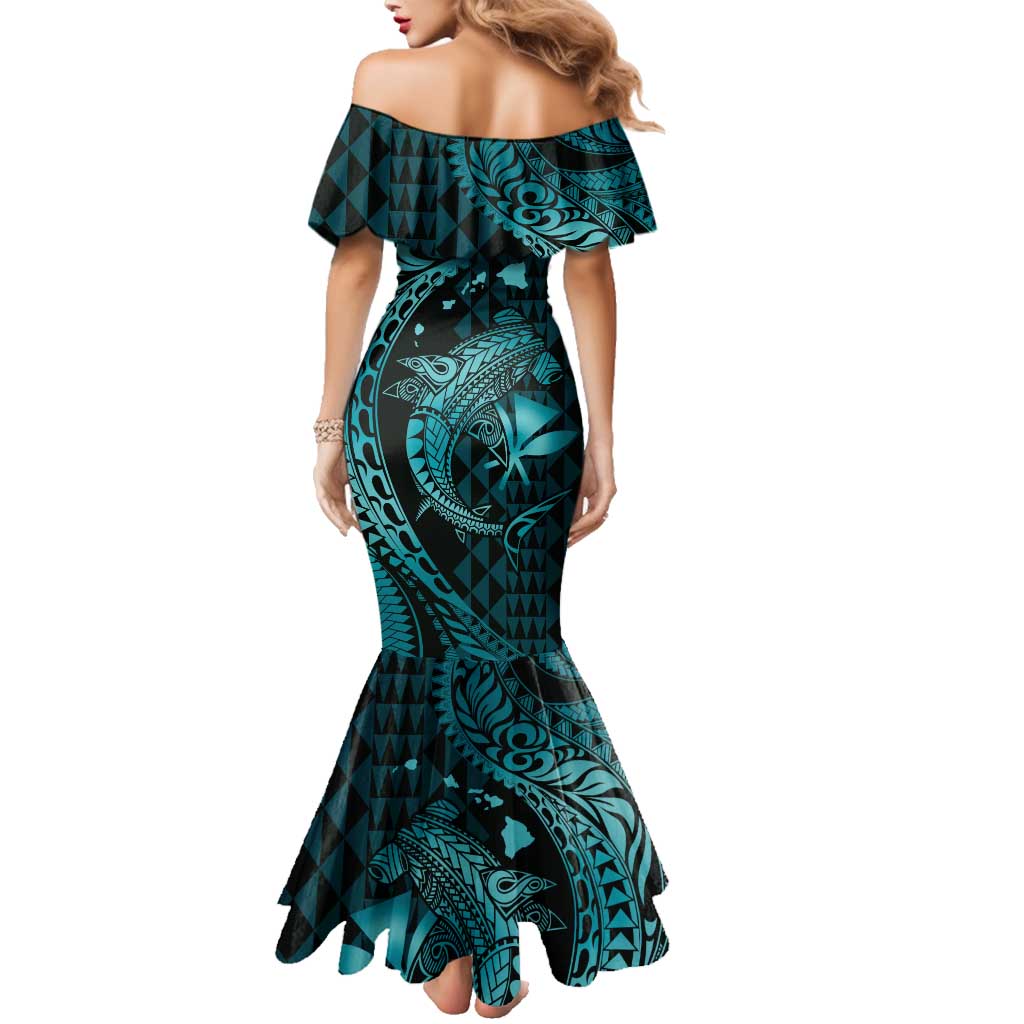 Aloha Hawaii Hammerhead Shark Family Matching Mermaid Dress and Hawaiian Shirt Turquoise Kakau and Polynesian Tattoo LT03