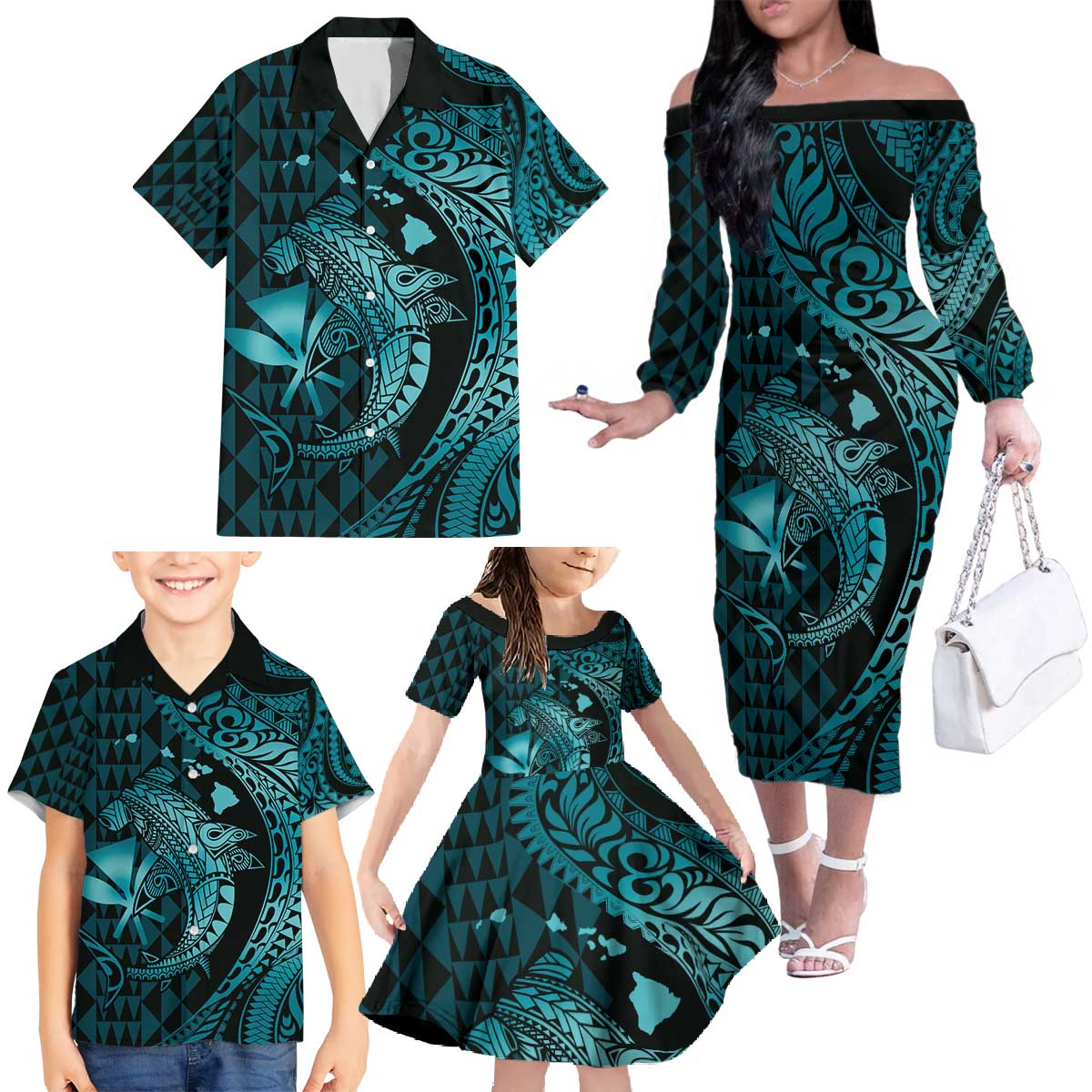 Aloha Hawaii Hammerhead Shark Family Matching Off The Shoulder Long Sleeve Dress and Hawaiian Shirt Turquoise Kakau and Polynesian Tattoo LT03