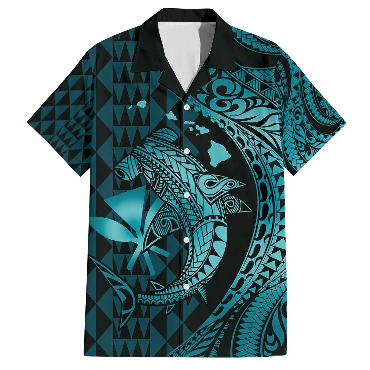 Aloha Hawaii Hammerhead Shark Family Matching Off The Shoulder Long Sleeve Dress and Hawaiian Shirt Turquoise Kakau and Polynesian Tattoo LT03