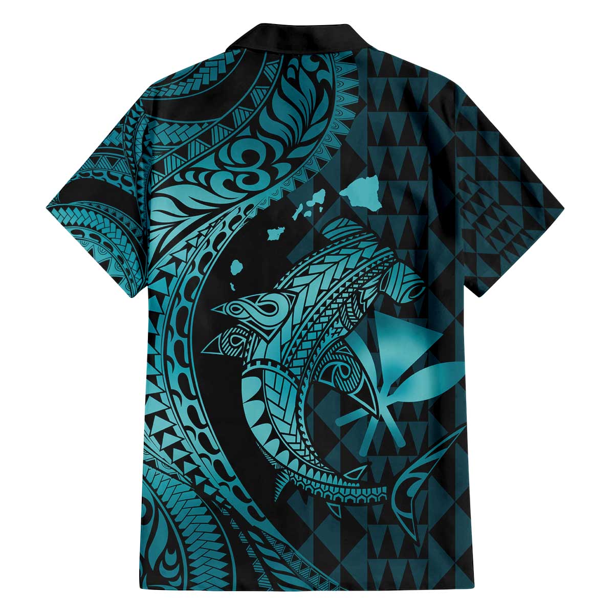 Aloha Hawaii Hammerhead Shark Family Matching Off Shoulder Short Dress and Hawaiian Shirt Turquoise Kakau and Polynesian Tattoo LT03