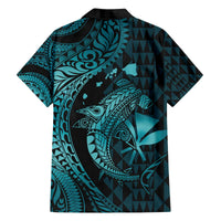 Aloha Hawaii Hammerhead Shark Family Matching Off Shoulder Short Dress and Hawaiian Shirt Turquoise Kakau and Polynesian Tattoo LT03