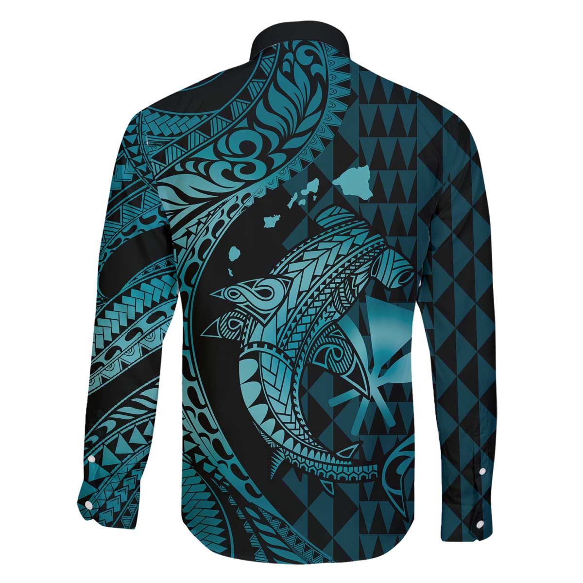 Aloha Hawaii Hammerhead Shark Family Matching Off Shoulder Short Dress and Hawaiian Shirt Turquoise Kakau and Polynesian Tattoo LT03