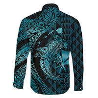 Aloha Hawaii Hammerhead Shark Family Matching Off Shoulder Short Dress and Hawaiian Shirt Turquoise Kakau and Polynesian Tattoo LT03