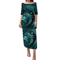 Aloha Hawaii Hammerhead Shark Family Matching Puletasi and Hawaiian Shirt Turquoise Kakau and Polynesian Tattoo LT03