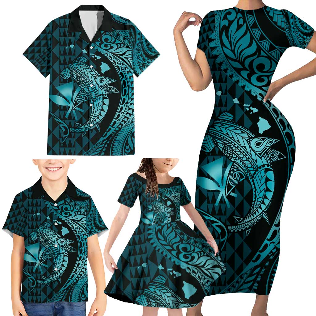 Aloha Hawaii Hammerhead Shark Family Matching Short Sleeve Bodycon Dress and Hawaiian Shirt Turquoise Kakau and Polynesian Tattoo LT03 - Polynesian Pride