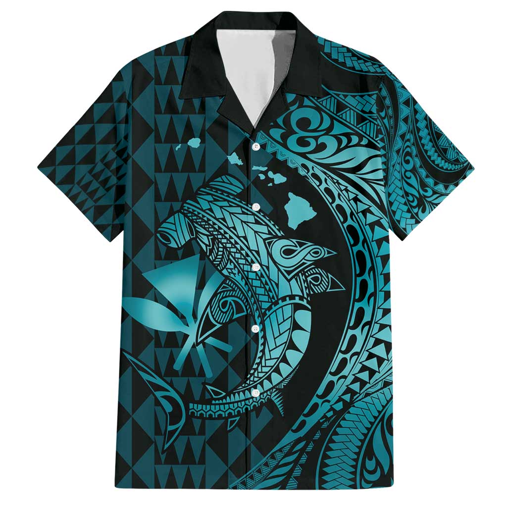 Aloha Hawaii Hammerhead Shark Family Matching Short Sleeve Bodycon Dress and Hawaiian Shirt Turquoise Kakau and Polynesian Tattoo LT03