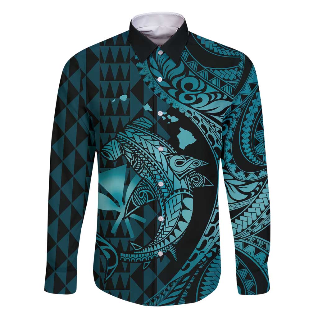 Aloha Hawaii Hammerhead Shark Family Matching Short Sleeve Bodycon Dress and Hawaiian Shirt Turquoise Kakau and Polynesian Tattoo LT03