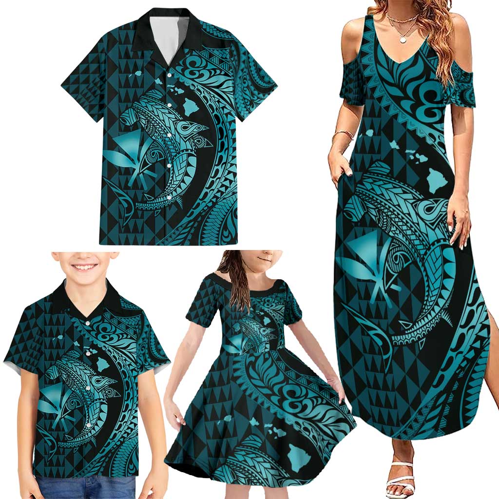 Aloha Hawaii Hammerhead Shark Family Matching Summer Maxi Dress and Hawaiian Shirt Turquoise Kakau and Polynesian Tattoo LT03