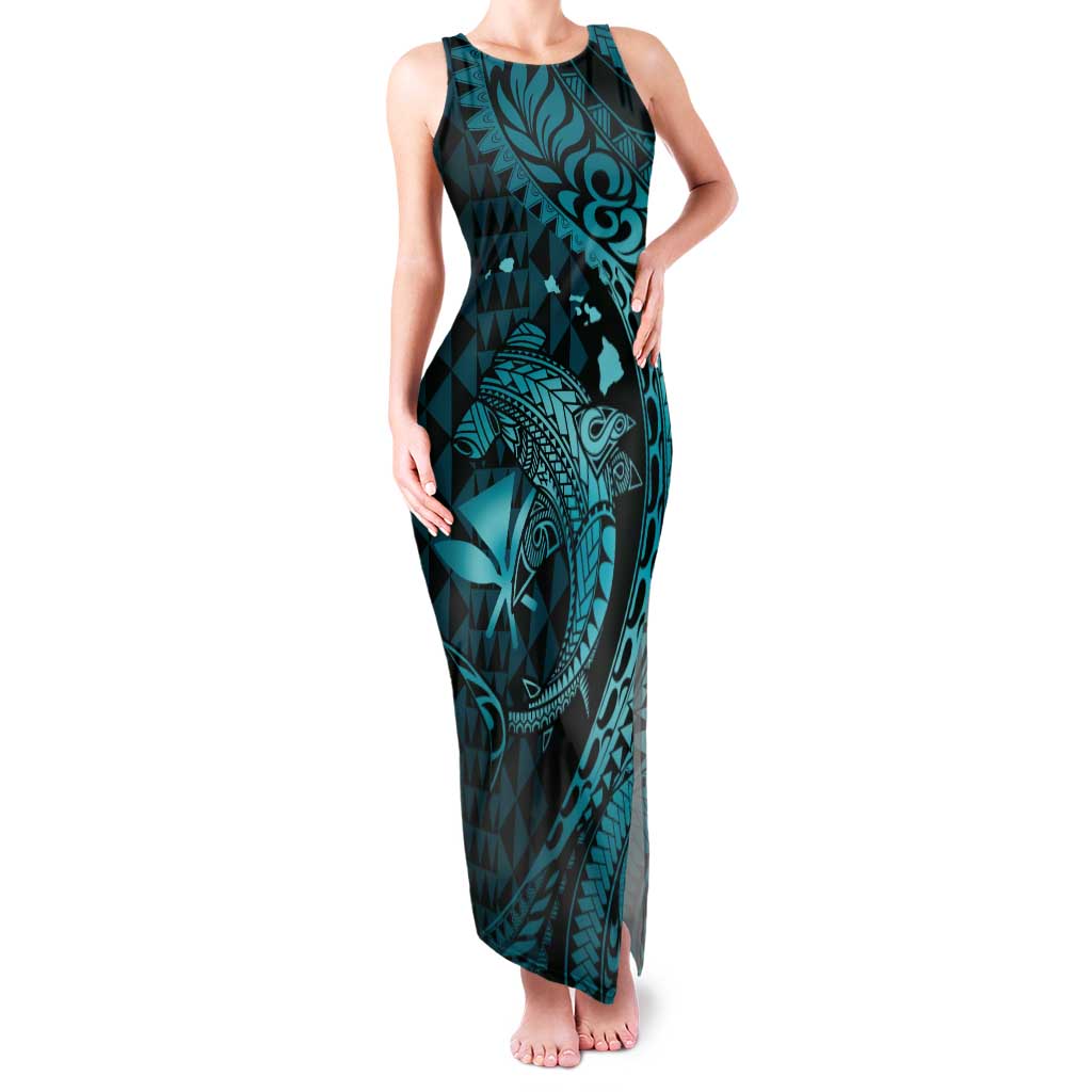 Aloha Hawaii Hammerhead Shark Family Matching Tank Maxi Dress and Hawaiian Shirt Turquoise Kakau and Polynesian Tattoo LT03