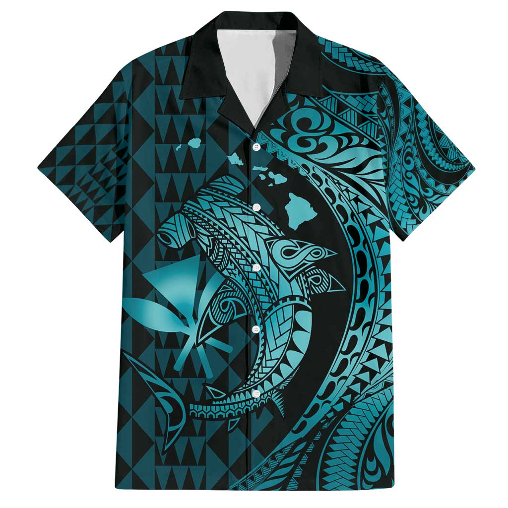 Aloha Hawaii Hammerhead Shark Hawaiian Shirt Turquoise Kakau and Polynesian Tattoo LT03 Turquoise - Polynesian Pride
