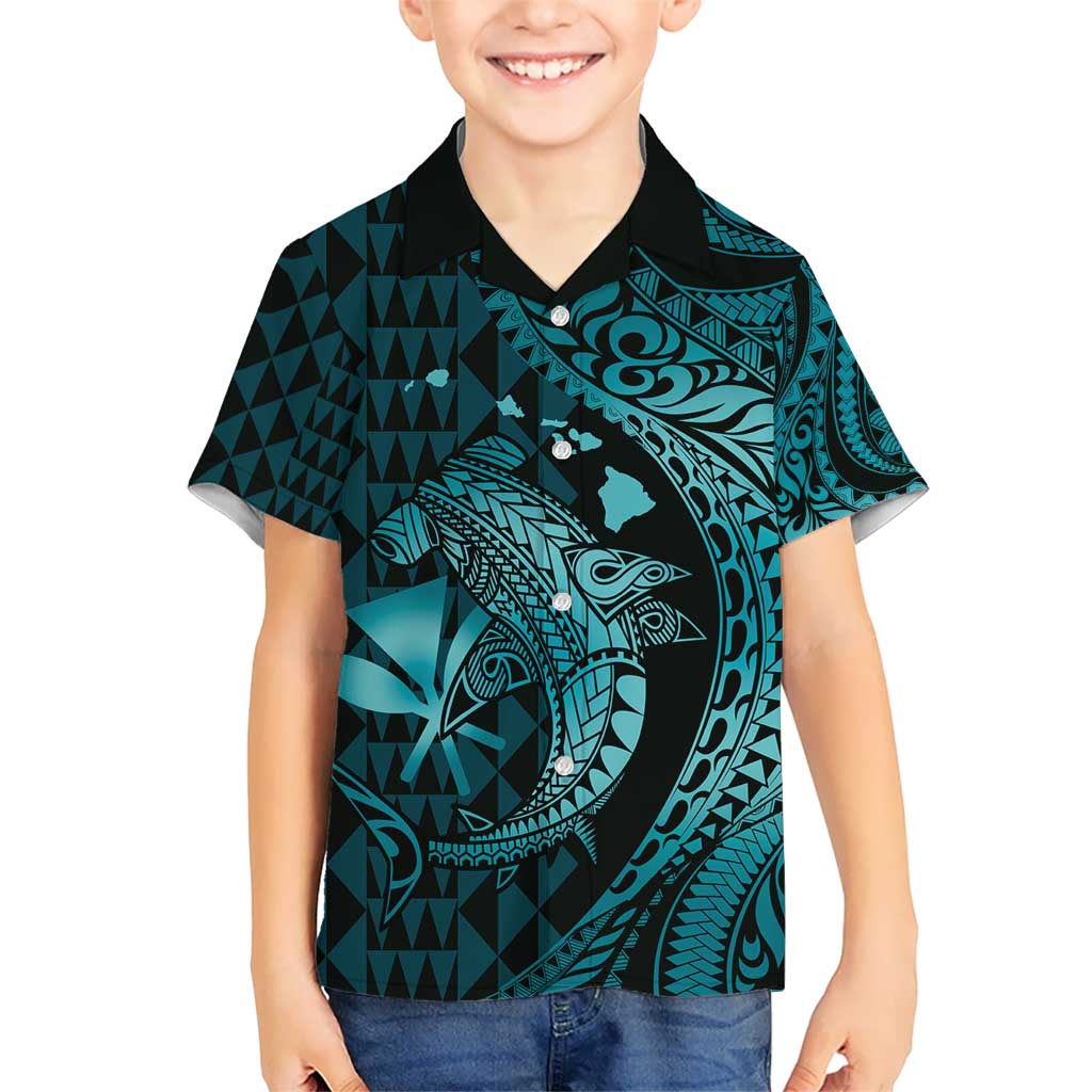 Aloha Hawaii Hammerhead Shark Hawaiian Shirt Turquoise Kakau and Polynesian Tattoo LT03 - Polynesian Pride