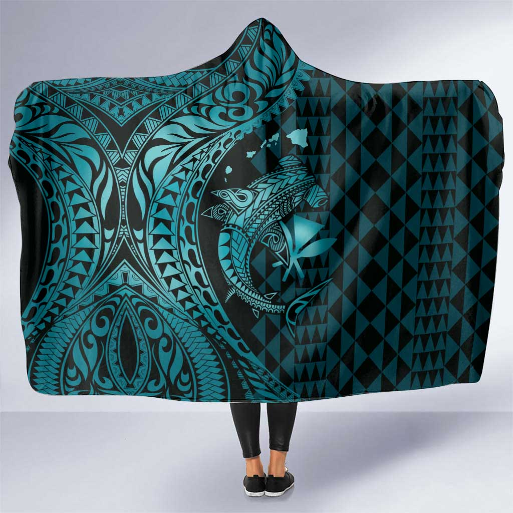 Aloha Hawaii Hammerhead Shark Hooded Blanket Turquoise Kakau and Polynesian Tattoo LT03 One Size Turquoise - Polynesian Pride