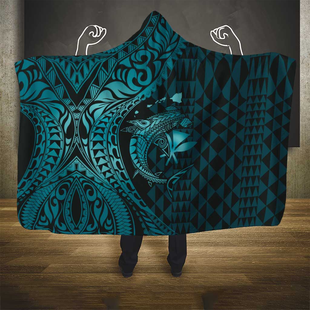 Aloha Hawaii Hammerhead Shark Hooded Blanket Turquoise Kakau and Polynesian Tattoo LT03 - Polynesian Pride