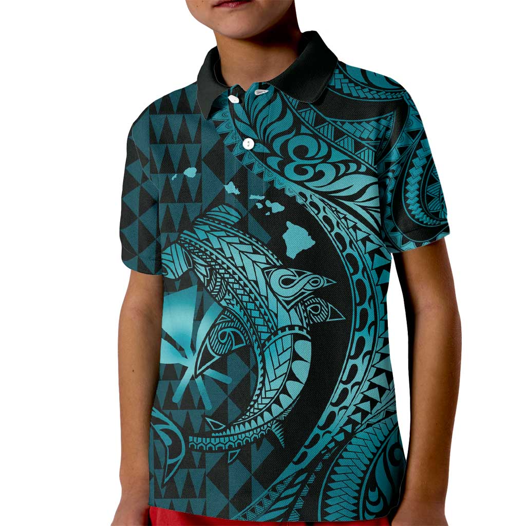 Aloha Hawaii Hammerhead Shark Kid Polo Shirt Turquoise Kakau and Polynesian Tattoo LT03