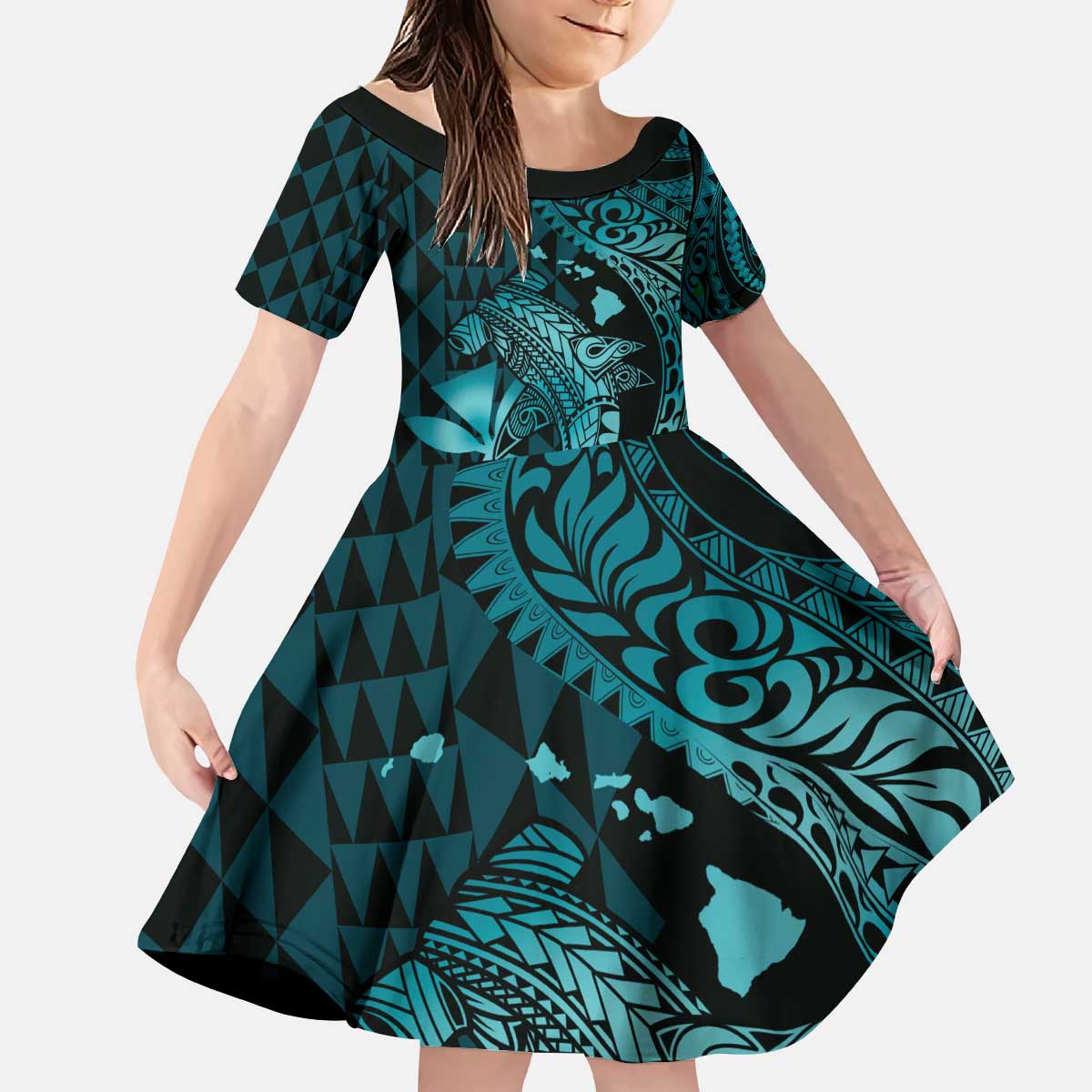Aloha Hawaii Hammerhead Shark Kid Short Sleeve Dress Turquoise Kakau and Polynesian Tattoo LT03