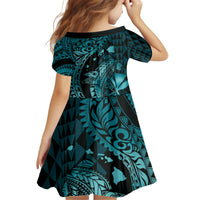 Aloha Hawaii Hammerhead Shark Kid Short Sleeve Dress Turquoise Kakau and Polynesian Tattoo LT03