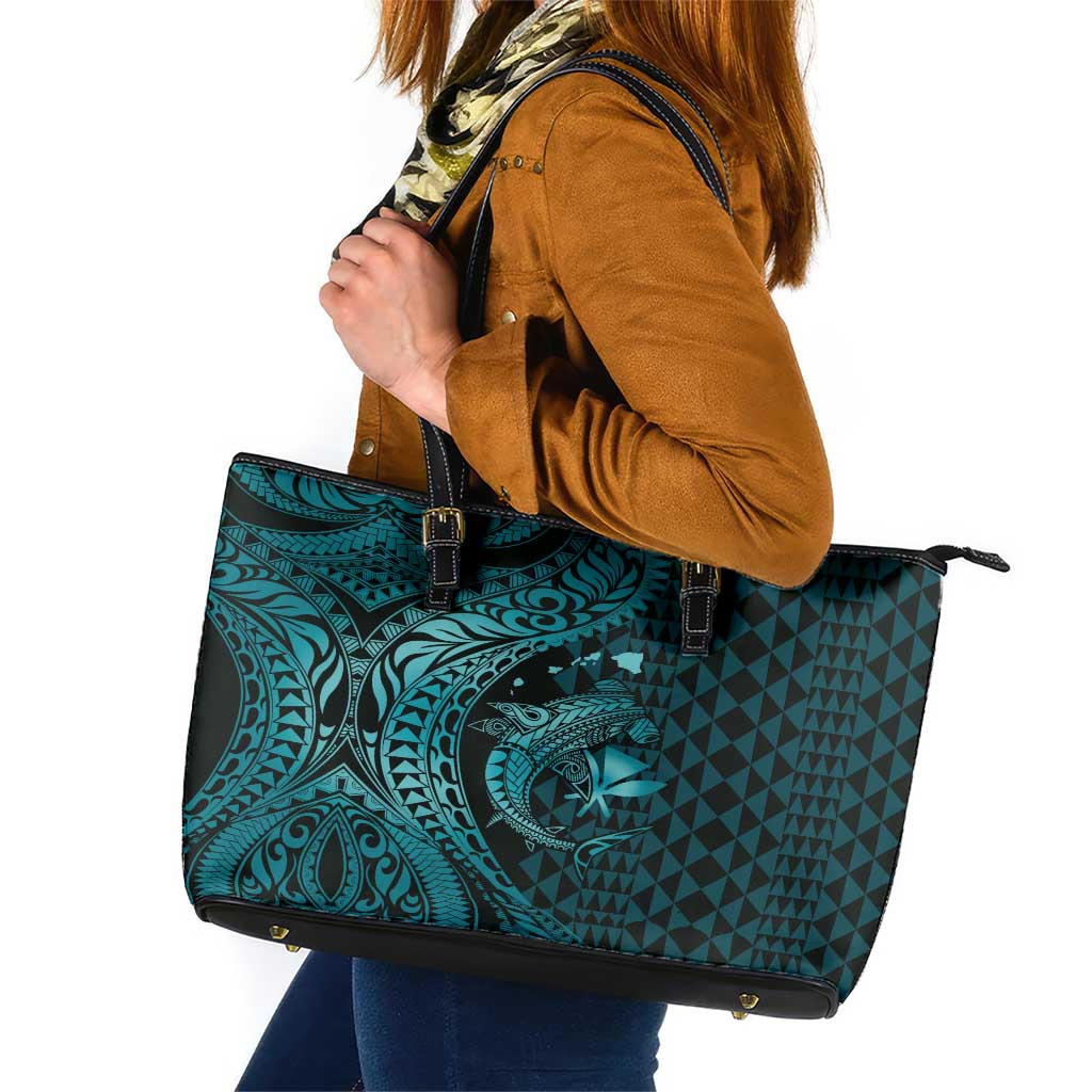 Aloha Hawaii Hammerhead Shark Leather Tote Bag Turquoise Kakau and Polynesian Tattoo LT03 Turquoise - Polynesian Pride