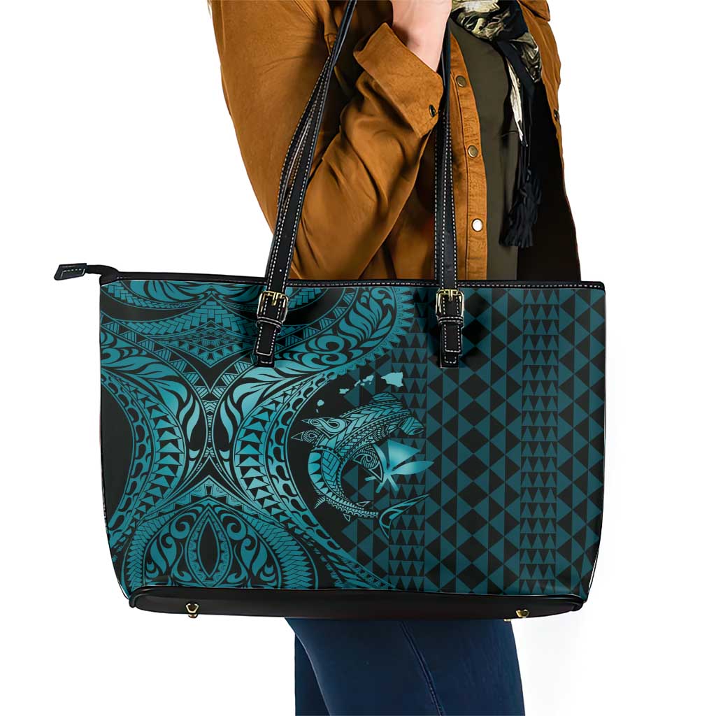 Aloha Hawaii Hammerhead Shark Leather Tote Bag Turquoise Kakau and Polynesian Tattoo LT03 - Polynesian Pride