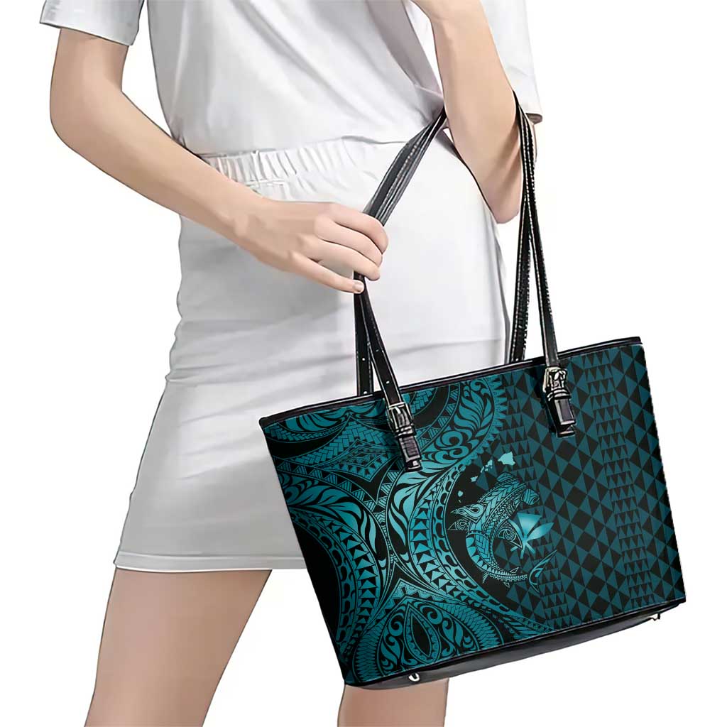 Aloha Hawaii Hammerhead Shark Leather Tote Bag Turquoise Kakau and Polynesian Tattoo LT03 - Polynesian Pride