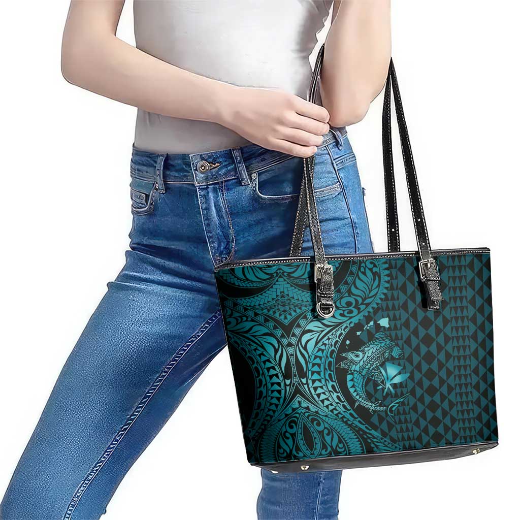 Aloha Hawaii Hammerhead Shark Leather Tote Bag Turquoise Kakau and Polynesian Tattoo LT03 - Polynesian Pride