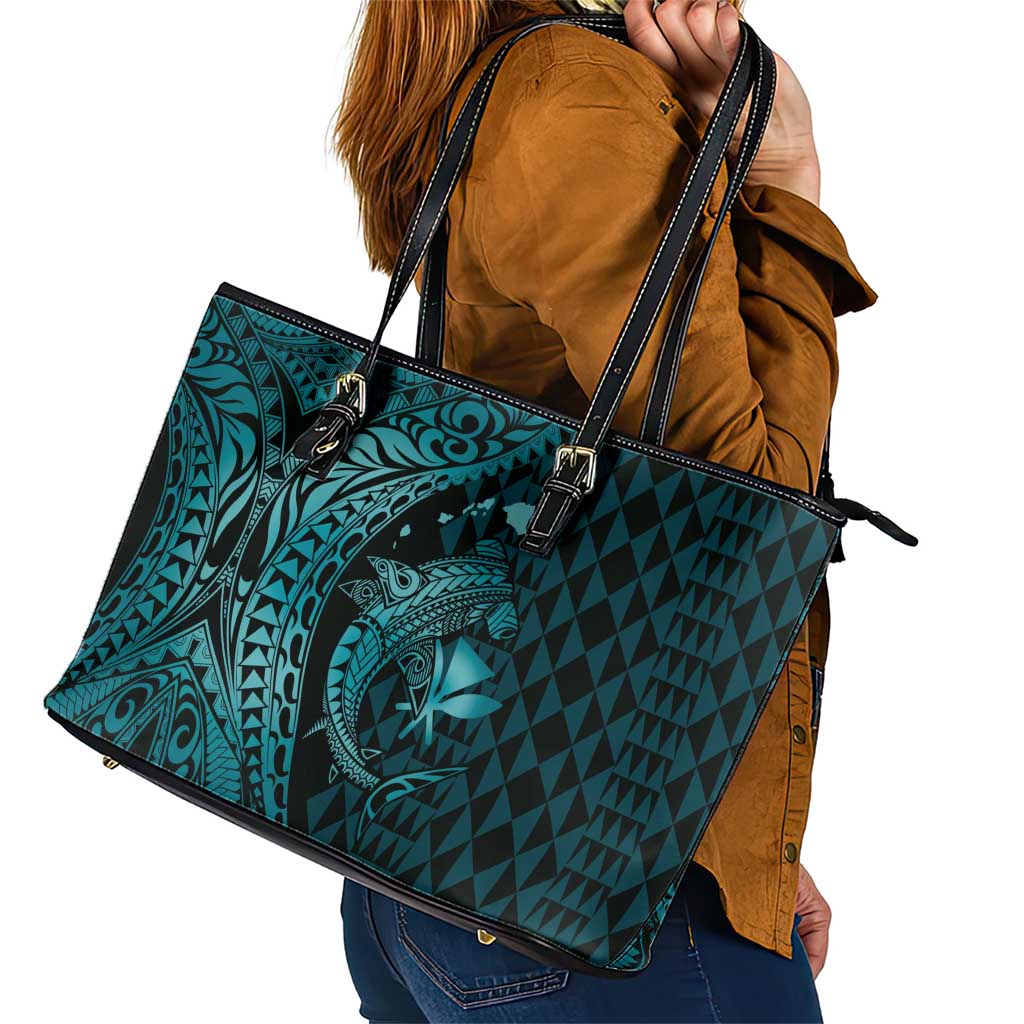 Aloha Hawaii Hammerhead Shark Leather Tote Bag Turquoise Kakau and Polynesian Tattoo LT03 - Polynesian Pride