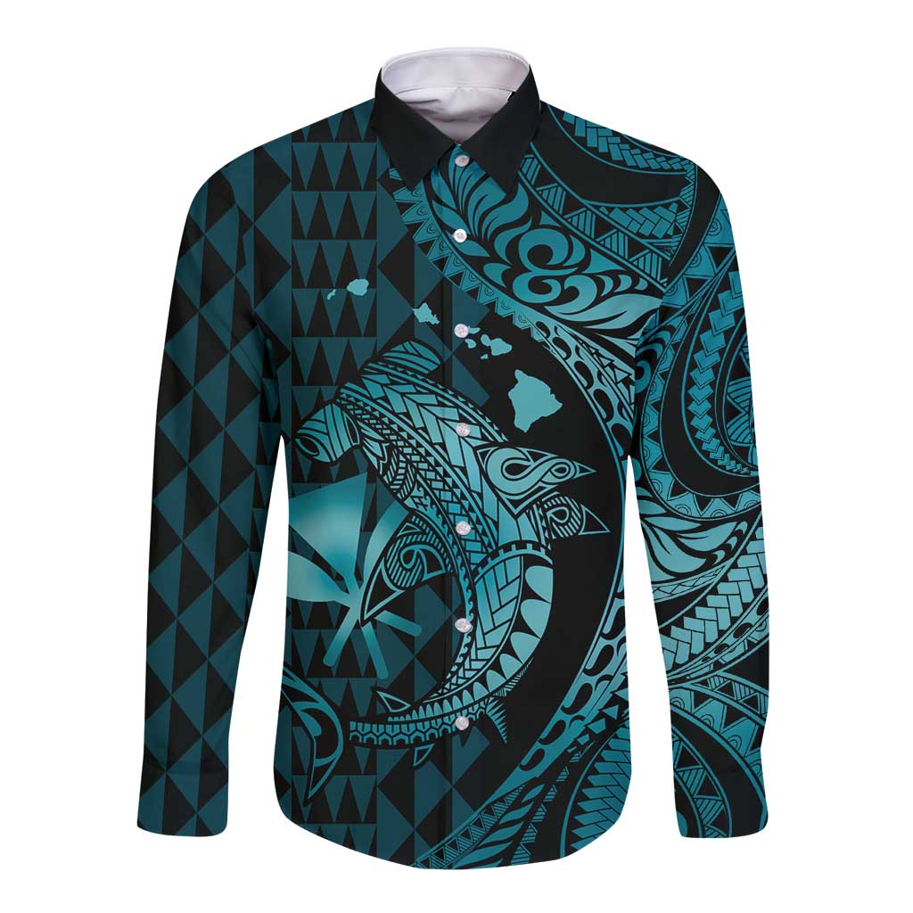 Aloha Hawaii Hammerhead Shark Long Sleeve Button Shirt Turquoise Kakau and Polynesian Tattoo LT03