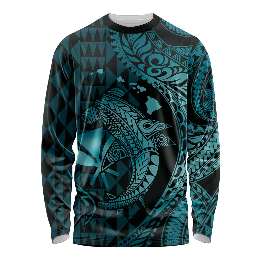 Aloha Hawaii Hammerhead Shark Long Sleeve Shirt Turquoise Kakau and Polynesian Tattoo LT03