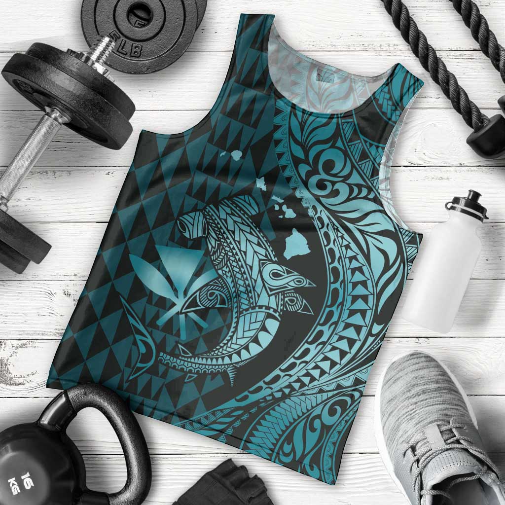 Aloha Hawaii Hammerhead Shark Men Tank Top Turquoise Kakau and Polynesian Tattoo LT03 - Polynesian Pride